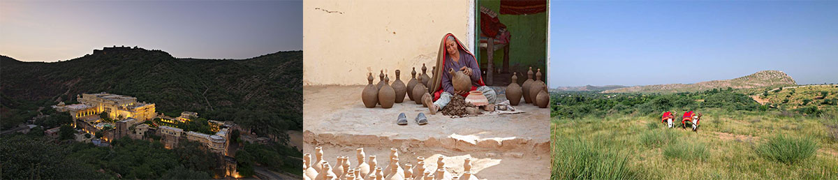 samode palace museum in samode , rural life of samode- a woman doing pottery work, and camel safari in samode